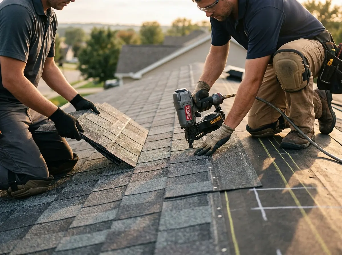 Professional roofer working on a residential roof in West Samoset